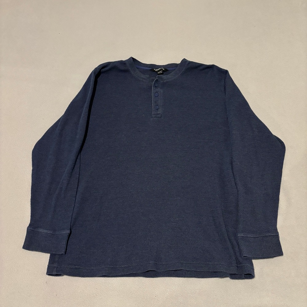 Karbon Thermal Henley Mens XL Navy Blue Waffle Knit Long Sleeve Shirt Casual